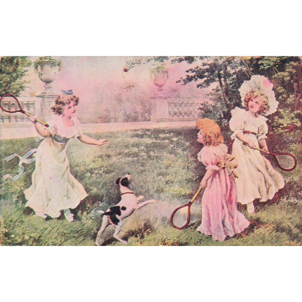 Vtg Happy Days Postcard Victorian Girls Playing Badminton Shuttlecock Garden Dog